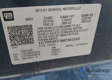 2021 GMC Sierra 1500 4Wd Standard Box из США, поврежденный, VIN 1GTR9AEF5MZ303163